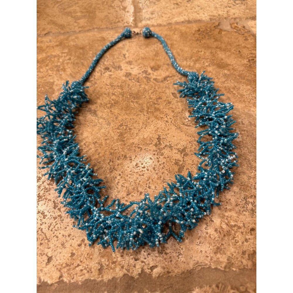 Handcrafted Blue Beaded Statement Necklace - image 1